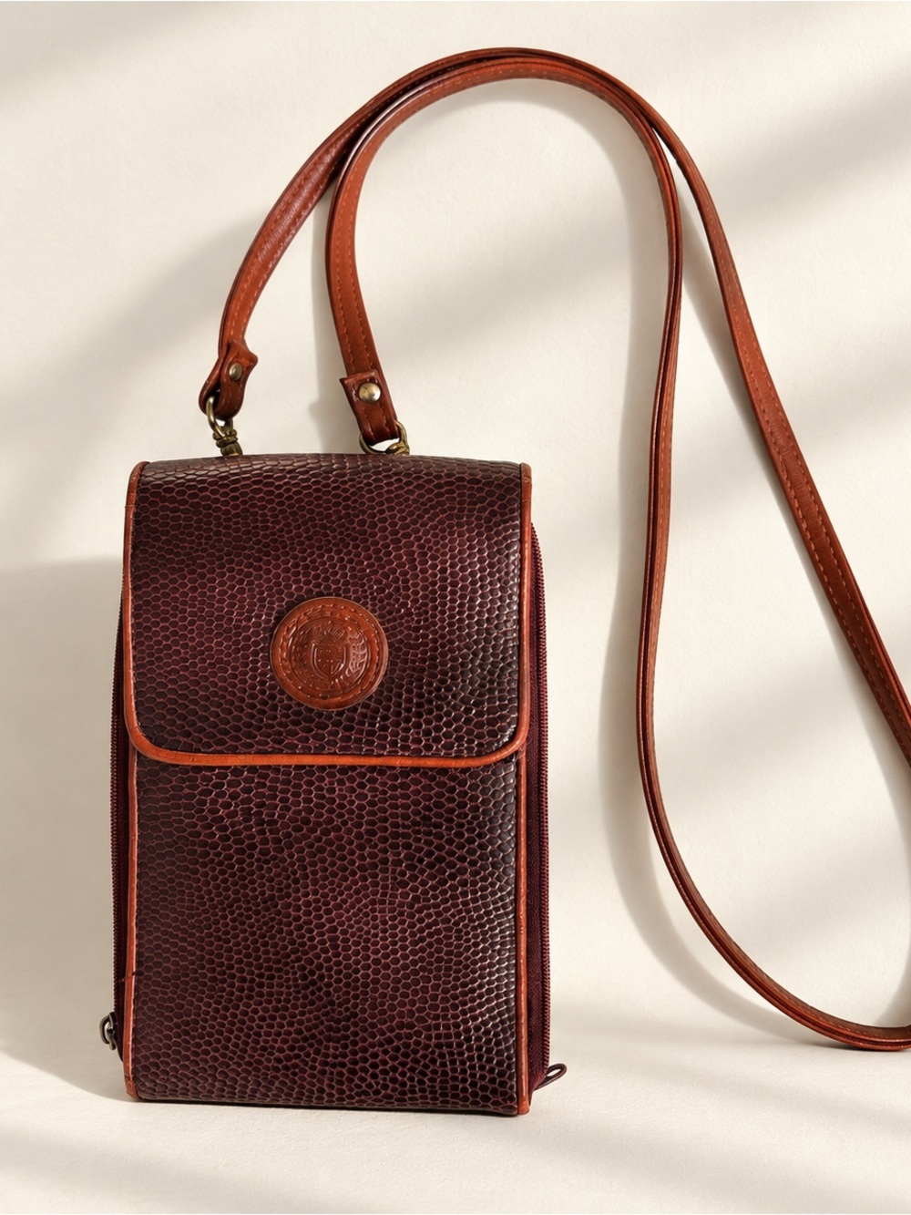 Burgundy Reptile-Embossed Crossbody Wallet Bag